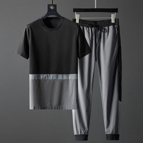 

new summer male tracksuit ( t-shirt+pants) black grey patchwork short sleeve male set fashion elastic waist man sets, Gray