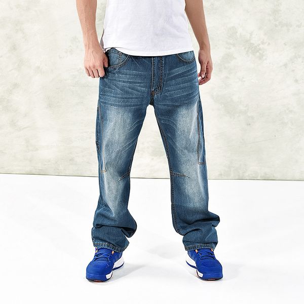 

hip hop jeans men baggy cross pants plus size 30-42 44 46 loose design style, Blue