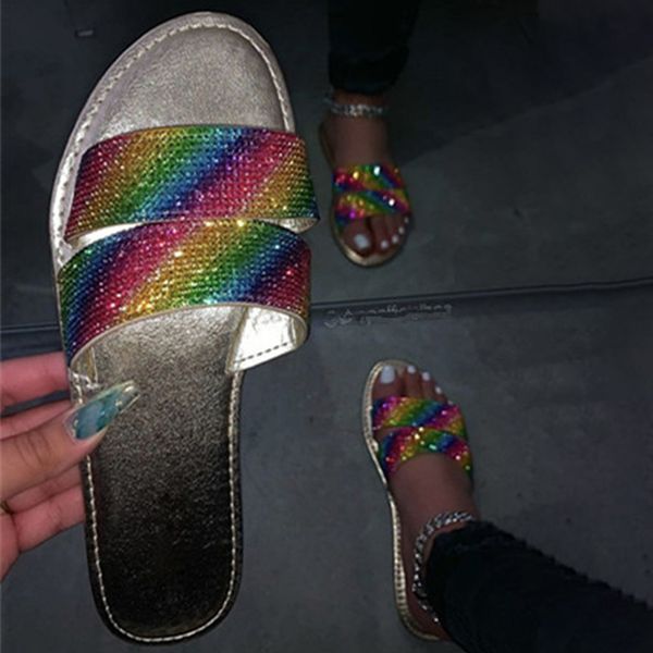 

slippers women bling colorful pu slides female rhinestone ladies shoes summer home glitter comfort 2020 fashion woman, Black