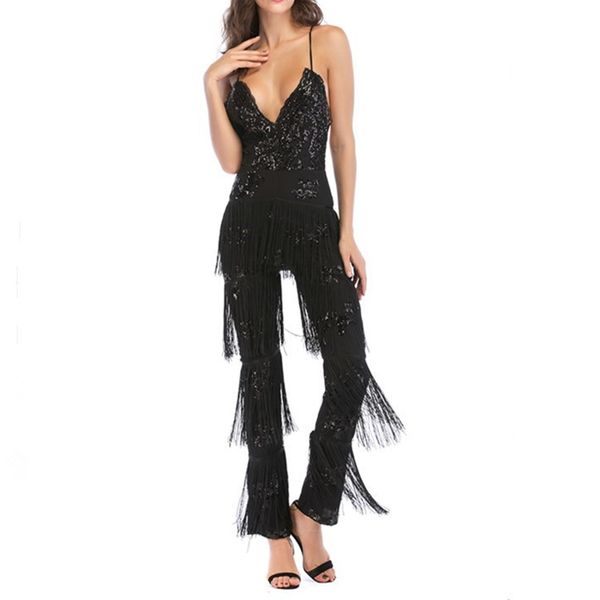 

womens rompers jumpsuit solid women sequins summer elegant bandages club party bodysuit overalls women tassels clothes, Black;white