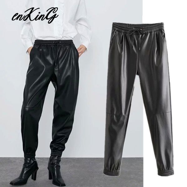 

2019 англия улицы старинного эластичного пояса гарем кожа pu женских брюки брюки mujer pantalon femme брюки женщины, Black;white