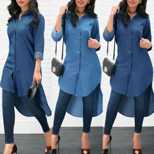 

summer women's fashion cool blue jeans denim plain brief button turn-down collar long sleeve casual loose shirt blouse dress, White