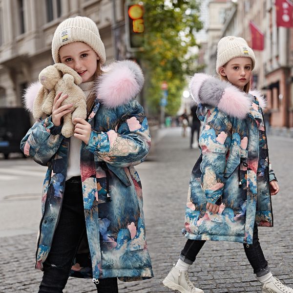 

winter fashion children down coats thicker warm windproof hooded print outerwear real fur collar parka kids down jackets y2366, Blue;gray