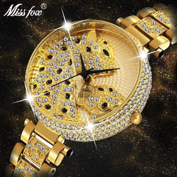 

missfox role fashion women watches 18k gold leopard ladies watch luxury women's diamond quartz female clock gifts 2019 sell, Slivery;brown