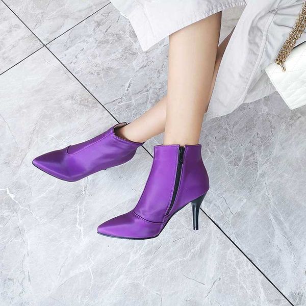 

european and american fashion show thin zipper pointed high heels purple fashion boots purple short boots large 44 45 46, Black