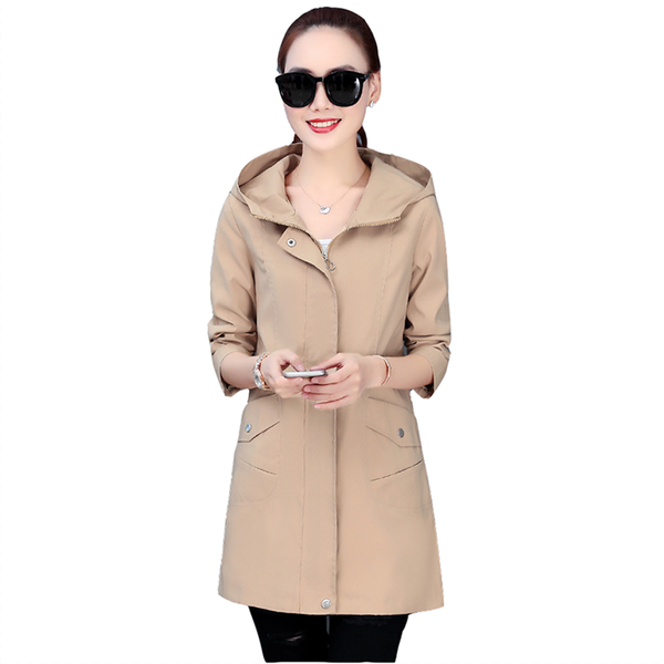 

plus size women's trench coat spring coat 2020 new wave was thin autumn and winter medium long hooded windbreaker overcoat, Tan;black