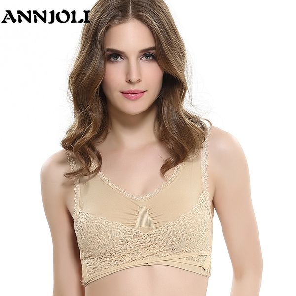 

bras annjoli s-4xl women underwear multiple colour lace front cross side buckle push up breathable sleep sports bra lingerie, Red;black