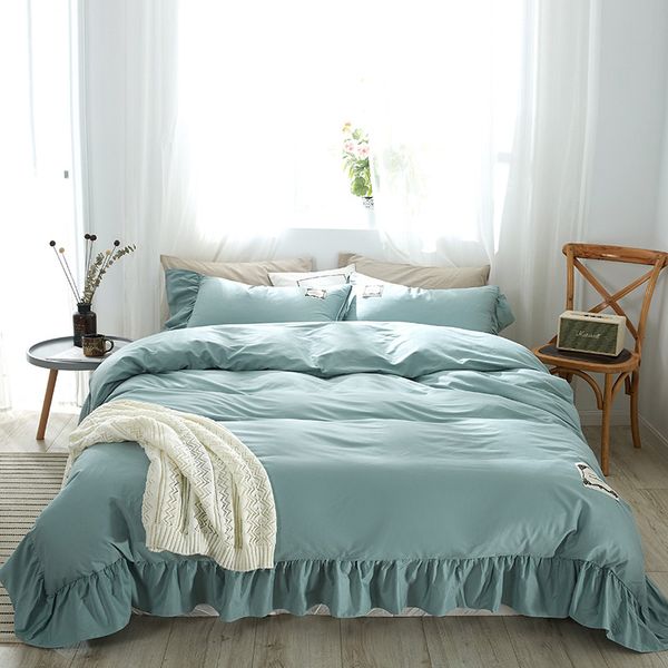 

13372 pure cotton embroidery solid ruffles bed set duvet cover bed sheet pillowcases dark green light pink yellow grey bean