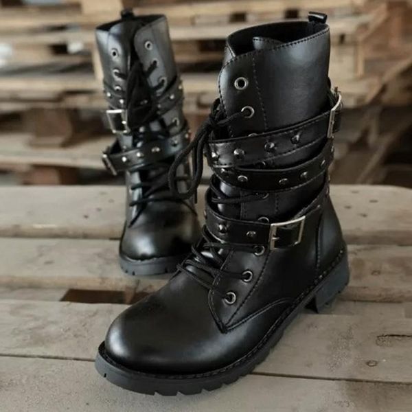 

2019 fashion new punk gothic style lace up belts round toe boots women shoes short boots56ui, Black