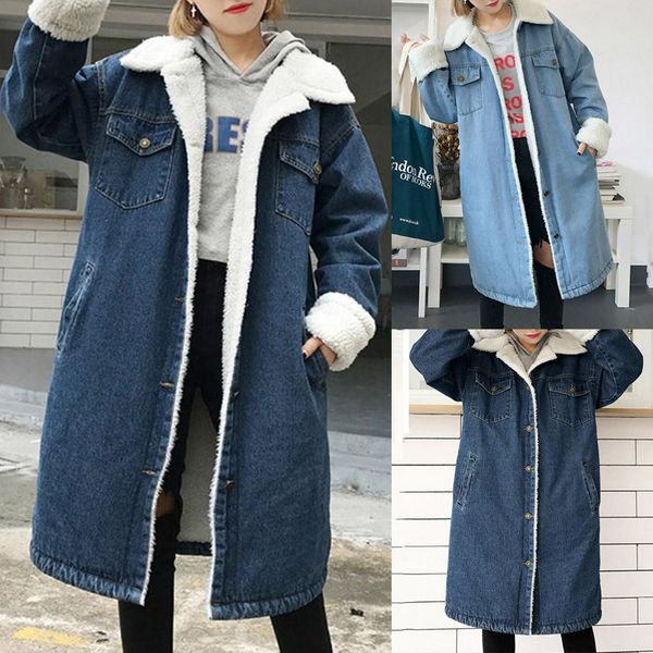 

women long parkas coats solid warm denim loose cashmere jacket female casual thicker pockets outerwear women's parkas coat, Black