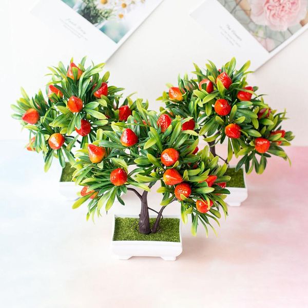 

1pc potted artificial plants bonsai fruit strawberry tree potted bonsai home office decor store gardening accessary