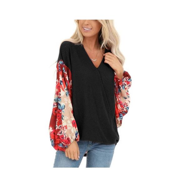

women's casual loose waffle printing stitching pullover v-neck long lantern sleeve blouse shirts, White