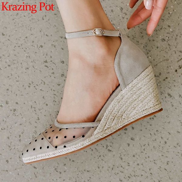 

krazing pot 2020 vintage kid suede air mesh polka dot sandals pointed toe high heels straw wedges buckle strap shoes women l37, Black