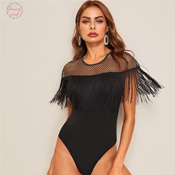 

glitter sheer yoke fringe trim bodysuit glamorous black contrast mesh summer bodysuit women sleeveless bodysuits, Black;white
