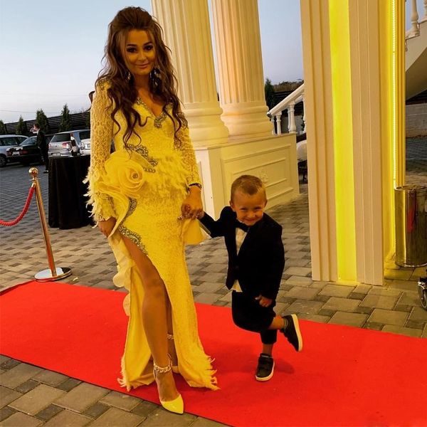 

yellow side split mermaid evening dresses saudi arabia v neck long sleeve crystal feather lace prom dress plus size red carpet dress party, Black;red