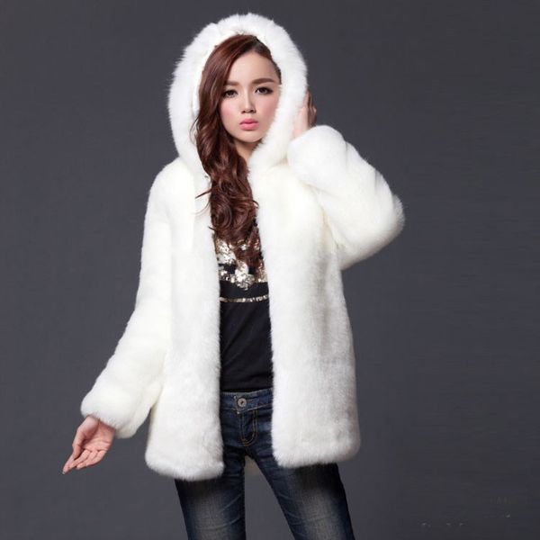 

winter thick fur fur women's faux medium-long hooded jacket plus size s-3xl-5xl white, black rk
