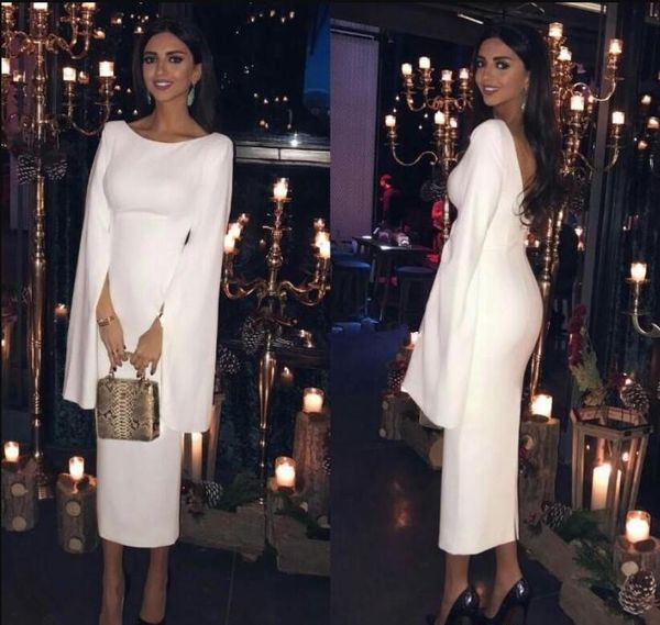 

2019 white new simple long sleeves prom dresses sheath ruched scoop neck backless vestidos de novia tea length sheath evening gowns, Black