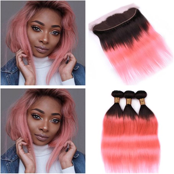 Ombre Rosa de Ouro Em Linha Reta Malaio Feixes de Tecer Cabelo Humano com Frontal # 1B / Rosa Ombre Em Linha Reta 3 Pacotes com 13x4 Fechamento de Renda Frontal