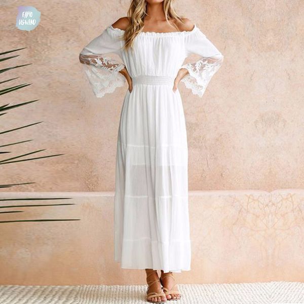 

sundress beach dress women flutter sleeve long white strapless long sleeve loose off shoulder lace cotton maxi dress designer clothes, Black;gray