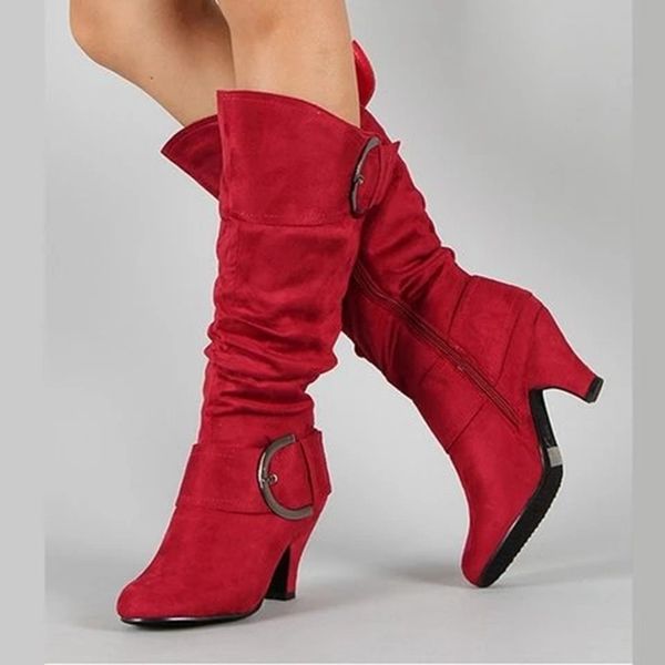 

winter boots women 2019 mid-calf boots fashion spike heels autumn boot faux suede buckle shoes woman large size botas mujer, Black