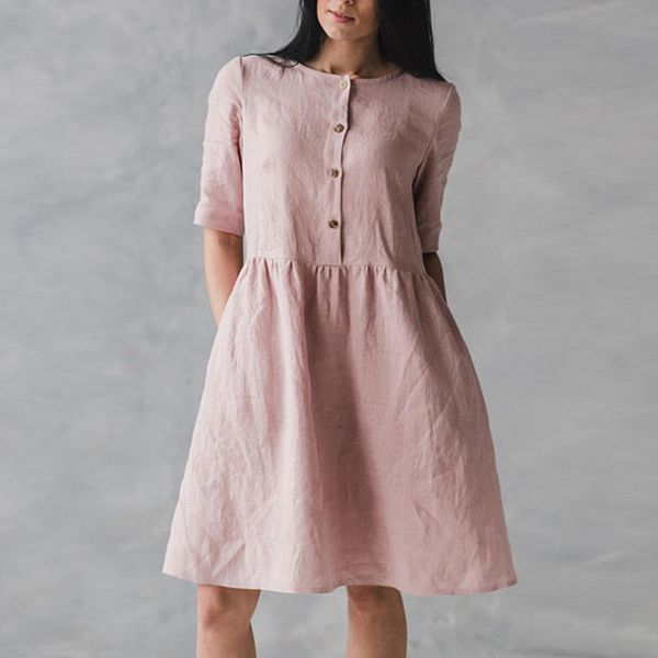 

women casual o-neck dress vintage short sleeve pocket knee dress office lady loose button femme vacation vestidos, Black;gray