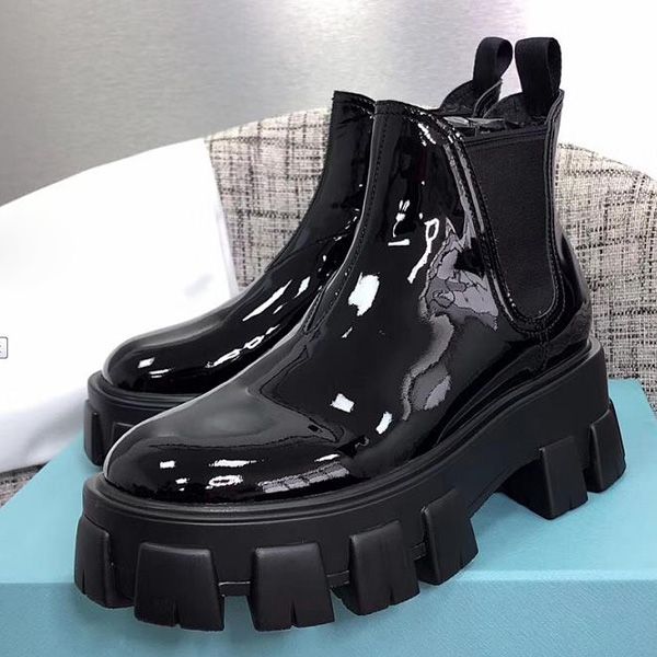 

2019 designer women shoes fashion british boots round toe martin boots patent leather thick bottom round toes perfect official quality, Black