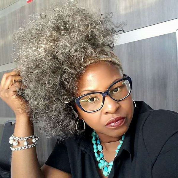 Grey Hair Weave Ponytail Hair Piece Clip In Afro Kinky Human