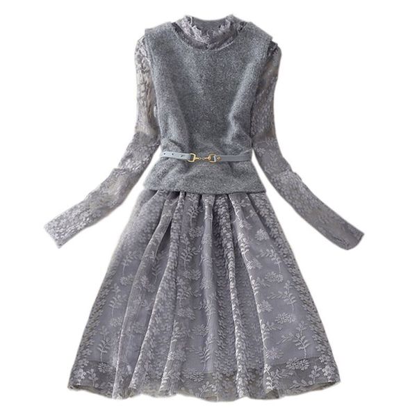 

women short knit vest lace mesh fashion dress suit 2019 spring female elegant two piece dress sets, White