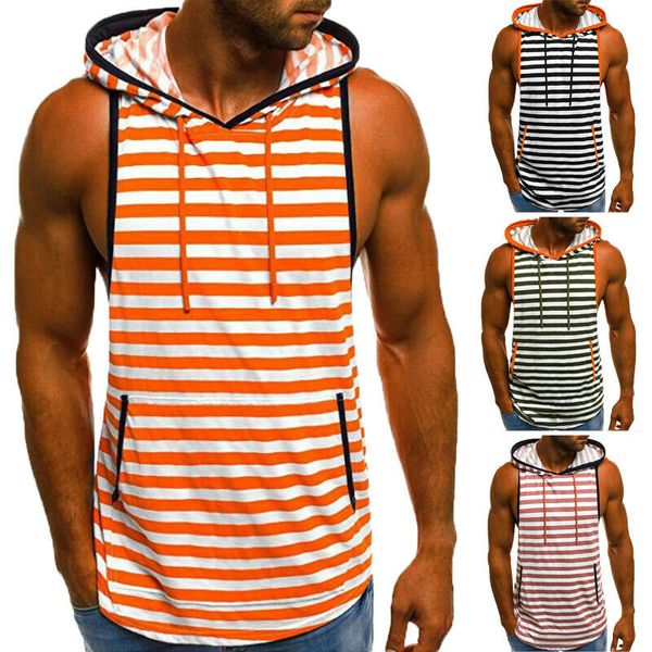 

workout men's new striped muscle sleeveless tank male man tees bodybuilding sportswear fitness hooded vests tanks summer, White;black