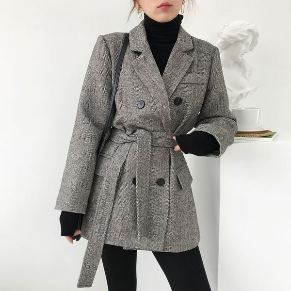 

40% wool 2019 spring and autumn new loose chic herringbone texture bandage small suit women's clothing blazer, White;black