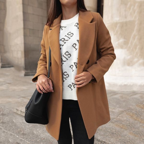 

2019 new arrival wool blend coat women long sleeve turn-down collar outwear jacket casual autumn winter solid color overcoat, Black