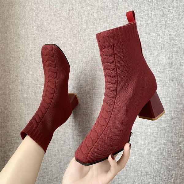 

tsdfc red stretch knitting sock boots women solid color square toe high heels botas mujer 2019 autumn slip on shoes woman, Black