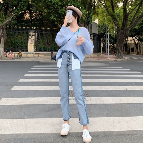 

wixra women korean style casual jeans fashion women straight denim pants femme stylish high waist trousers spring autumn, Blue