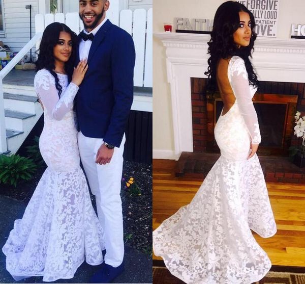

white lace backless mermaid prom dresses 2019 crew neck illusion long sleeve evening dresses formal party gowns custom pageant dresses, Black