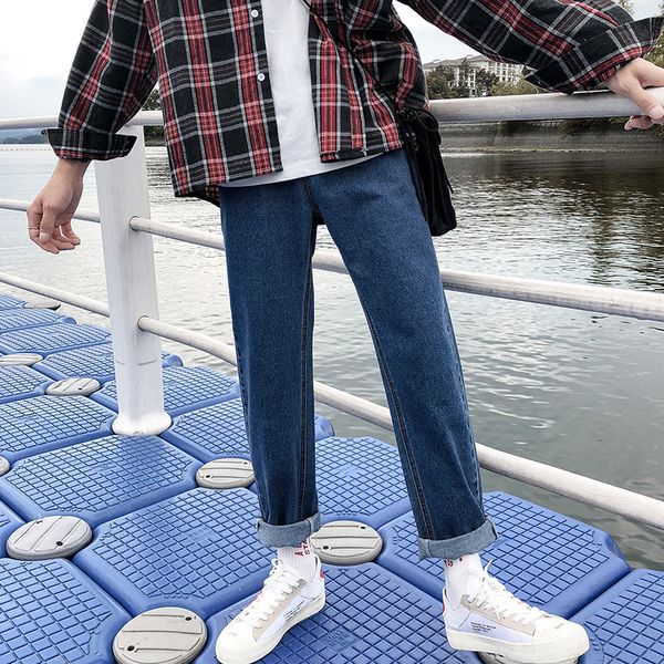 

2019 autumn men's baggy homme cargo pocket jeans mens blue/grey trousers solid color casual pants leisure male jeans big size
