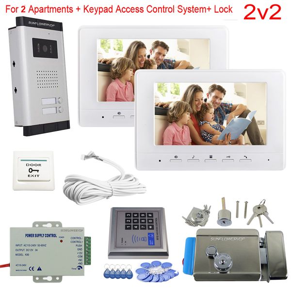 Access Control Keypad 2 Apartments Video Door Entry Panel Color 7 Indoor Monitor Video Intercom With Electronic Door Lock Kit Wifi Video Doorbell