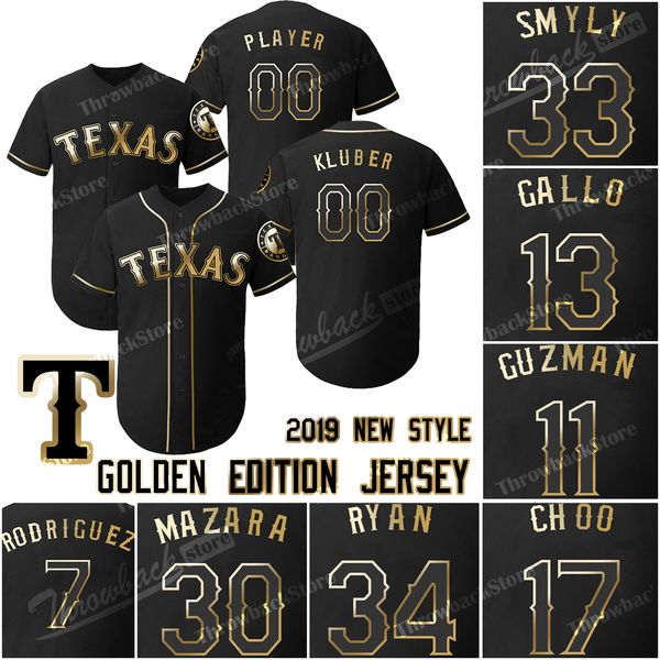 

Texas 2019 Rangers Jerseys Golden Edition 33 Drew Smyly Jersey Joey Gallo Ronald Guzman Shin-Soo Choo Nomar Mazara Nolan RyanIvan Rodriguez