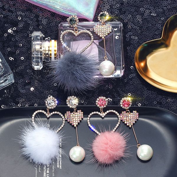 

kmvexo fashion pink crystal love heart assymetric dangle earrings white fur ball rhinestone drop earrings for women jewelry gift, Silver