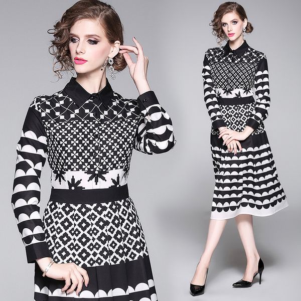 

quality women lantern sleeve black dress plus size office elegant print lapel neck button runway ladies designer dresses spring autumn, Black;gray