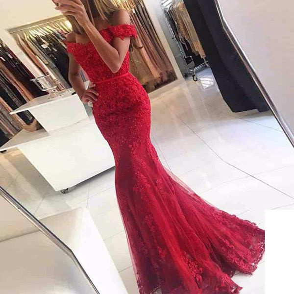 

lace appliques mermaid off shoulder evening dresses 2020 long evening prom gowns beaded formal party dress green red burgundy, Black;red