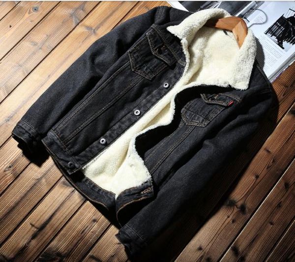 

winter men's clothing new plus velvet thick denim jacket outerwear cotton lamb hair men's shirt loose coats denim, Black
