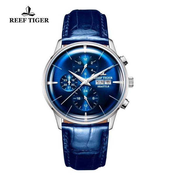 

reef tiger/rt 2019 watch mens blue dial multi function mechanical wristwatch relogio masculino rga1699, Slivery;brown