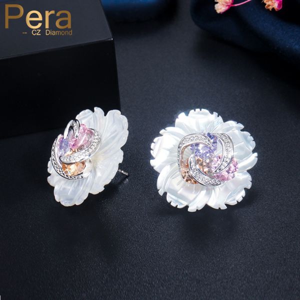 

pera creative natural shell flower and 3 round colorful crystal diy jewelry combination stud earrings for women gift er402, Golden;silver