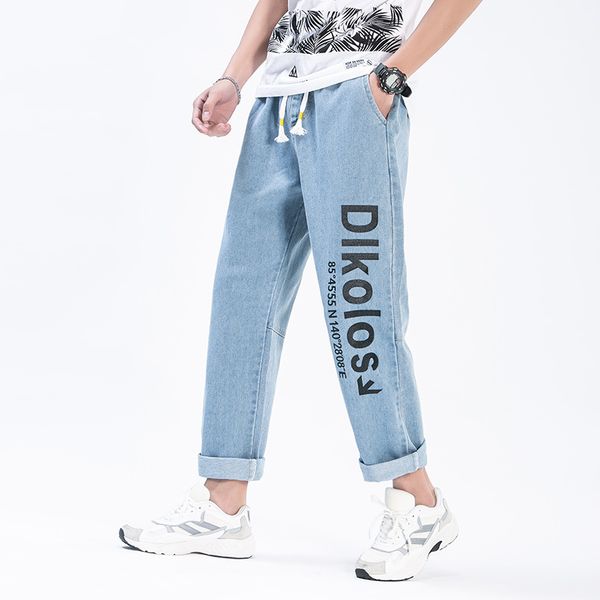 

popular brand letter printed jeans mens 2020 new style loose straight nine-point handsome casual versatile wide-leg trousers, Blue