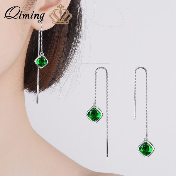 

qiming rhombus green stone earrings for women geometric adjustable chain link ethnic statement jewelry drop earring gift, Silver