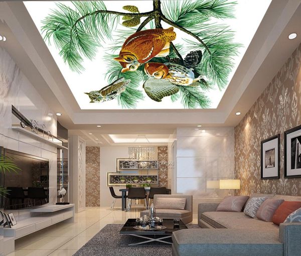 Custom Any Size 3d Stereo Green Pine Squirrel Ceiling Murals