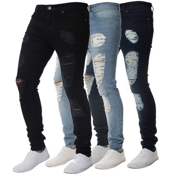 

vogue fashion men holes jeans high street motorcycle biker jeans men hip hop ripped slim fit full length skinny hombre, Blue