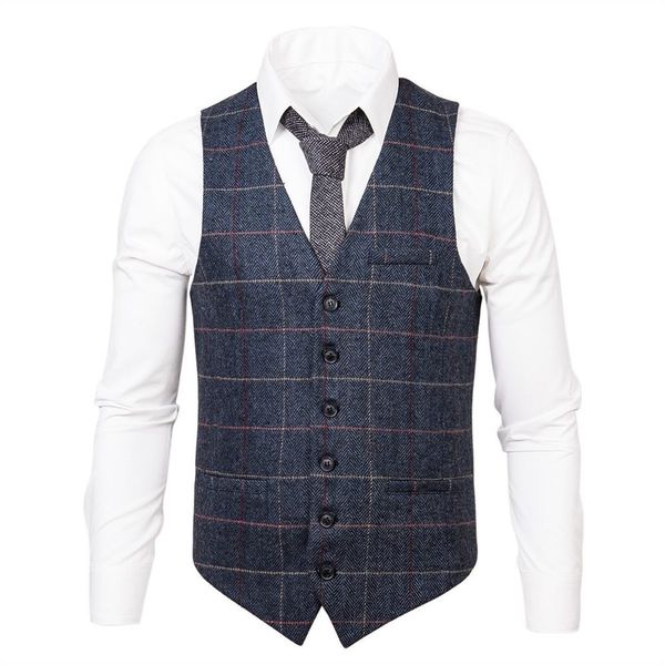 

voboom waistcoat men suit vest plaid male navy blue herringbone wool blend tweed single-breasted vests 007, Black;white