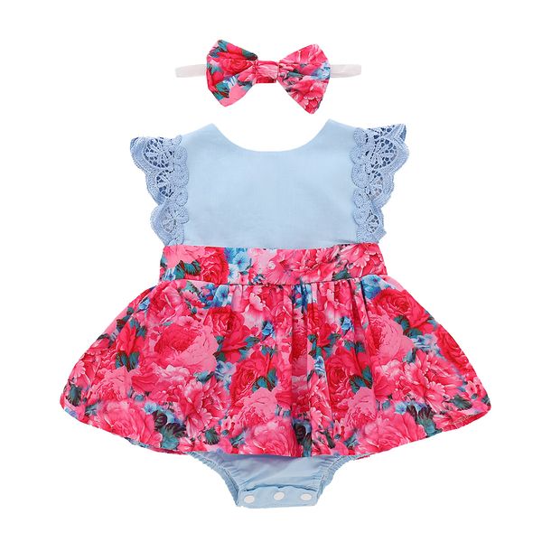

baby little girl floral matching clothing lace ruffle sleeve romper dress outfit clothes, Blue