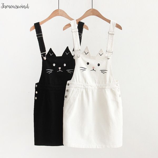 

suspender denim skirt women cute cat embroidery japanese harajuku mini jean skirt mori kawaii girl lolita vestidos 2019, Black